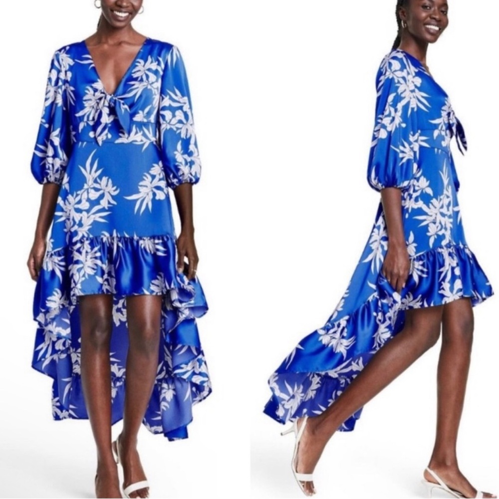 ALEXIS Target Blue Floral Tie-Front High-Low Dress